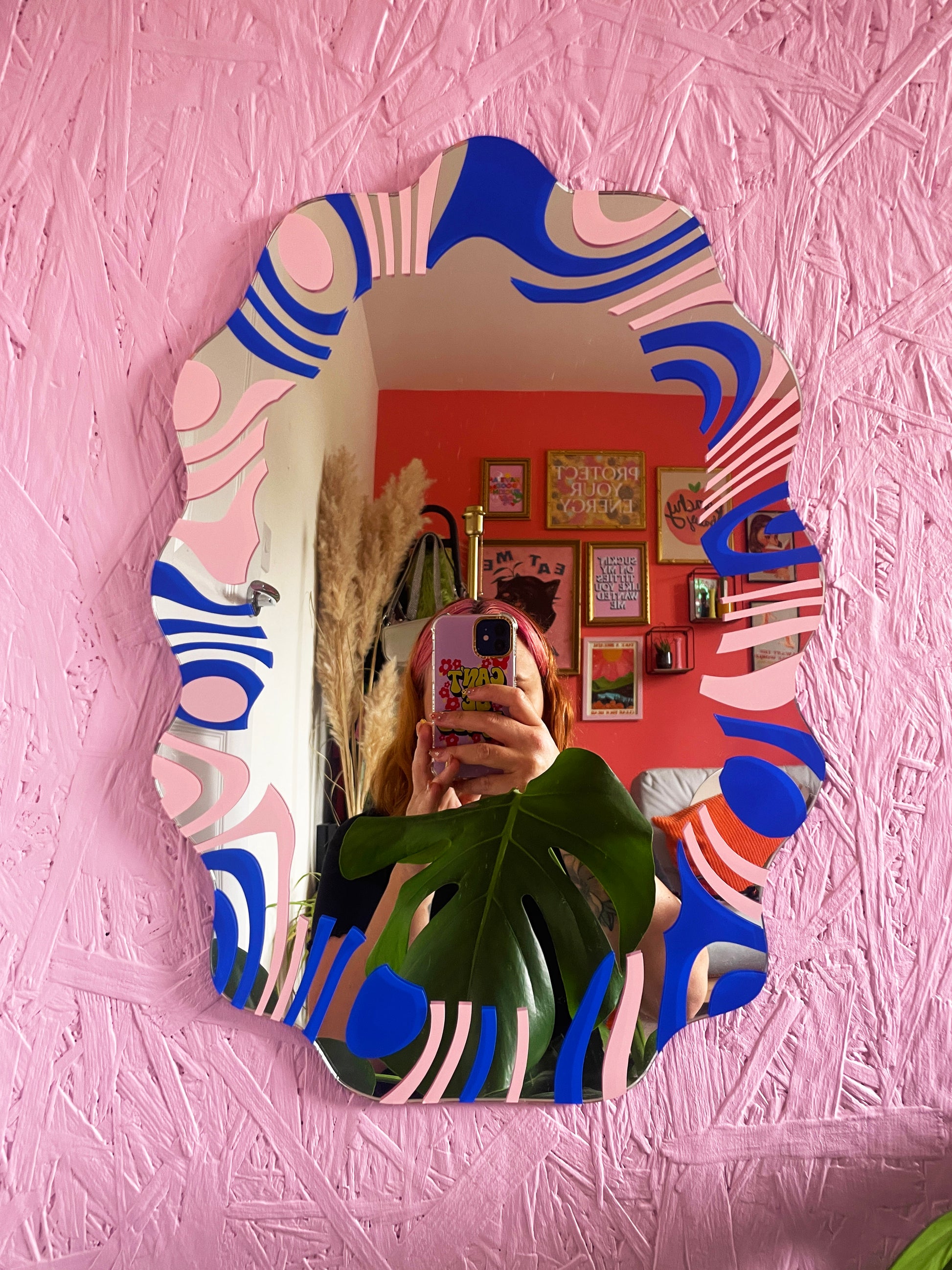 Pastel Pink & Electric Blue Wavy Mirror - PrintedWeird