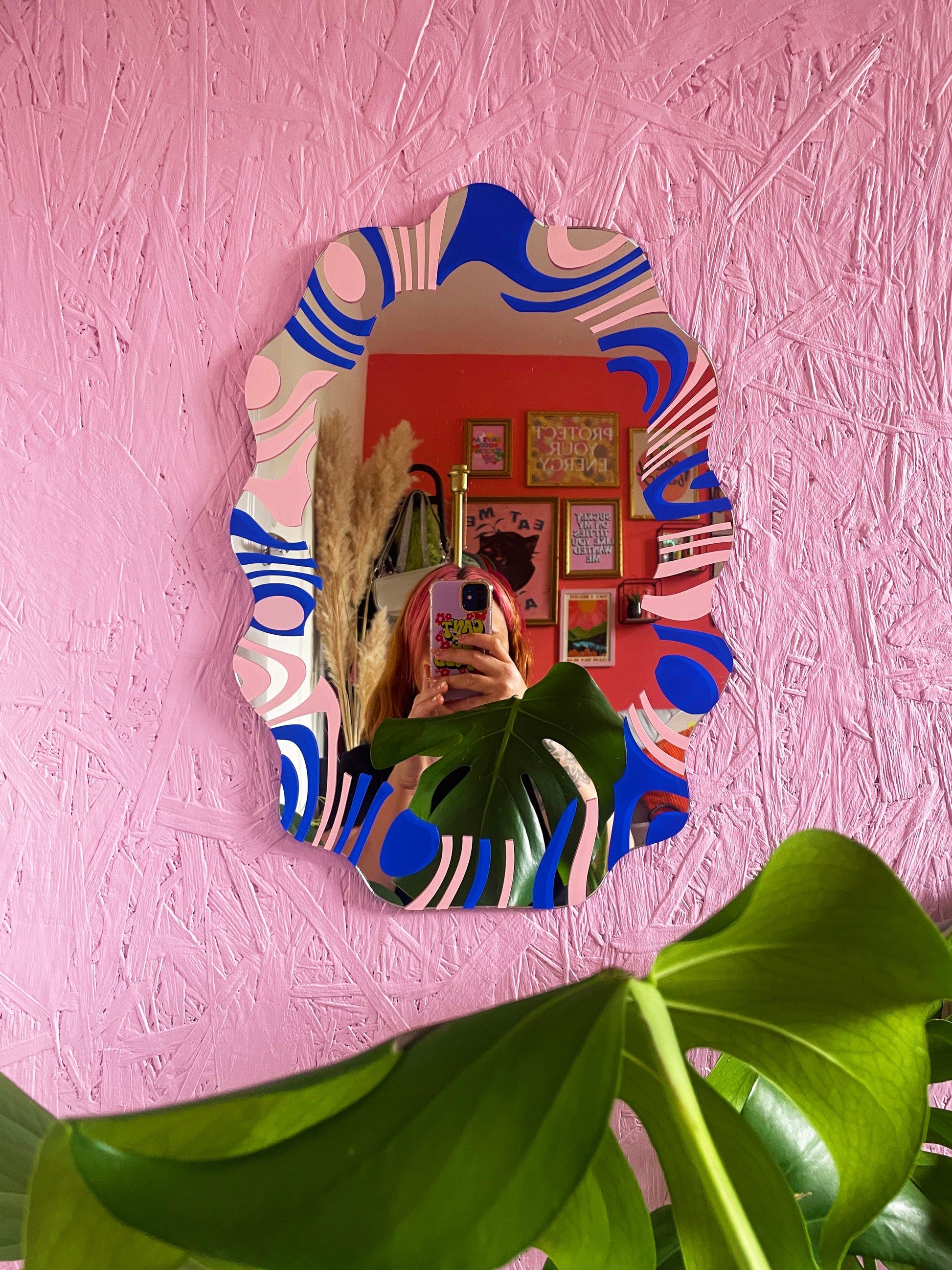 Pastel Pink & Electric Blue Wavy Mirror - PrintedWeird