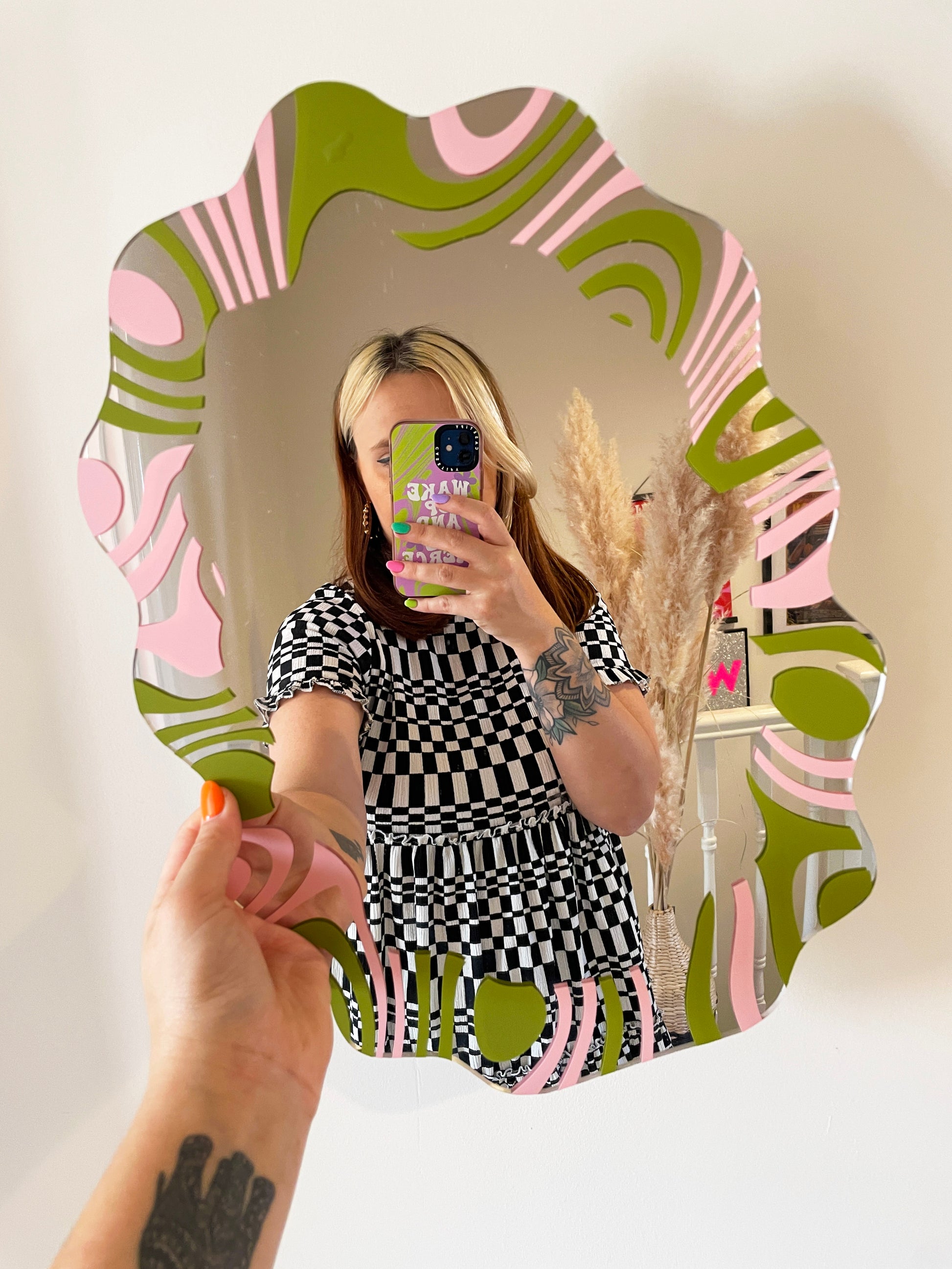 Olive & Pink Marbling Border Wavy Mirror - PrintedWeird