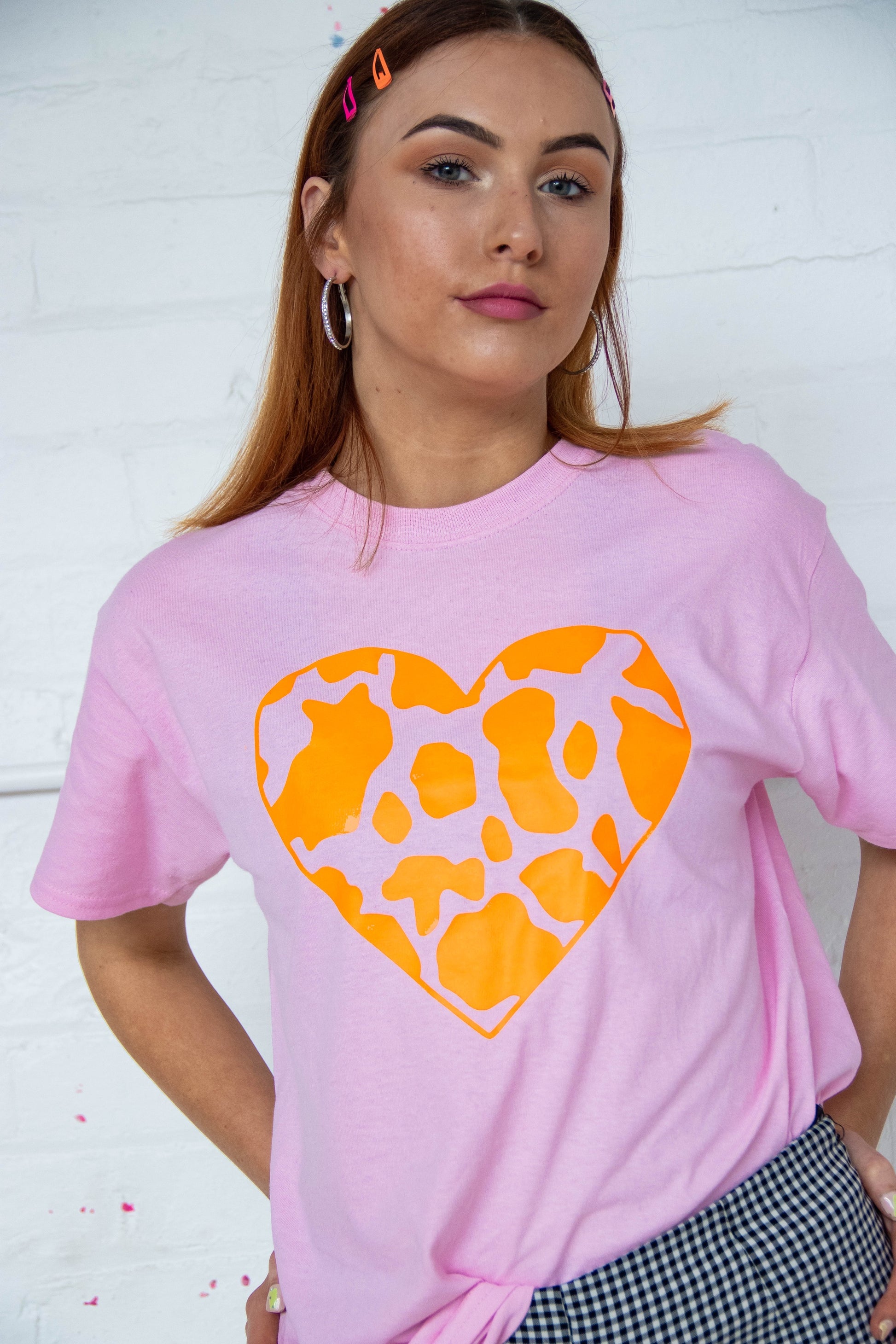 Neon Orange Cow Print Heart Tee - PrintedWeird
