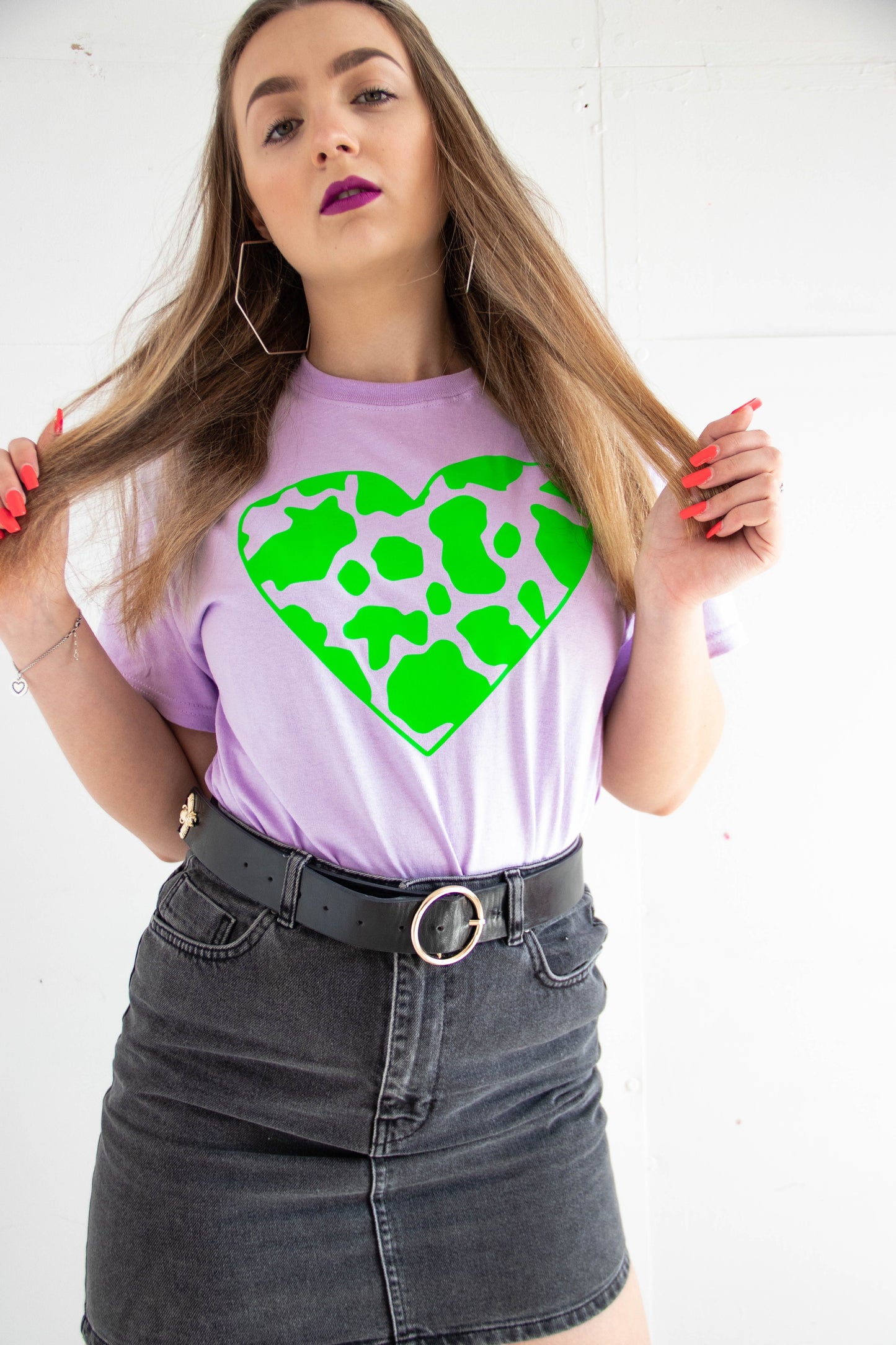 Neon Green Cow Print Heart Tee - PrintedWeird